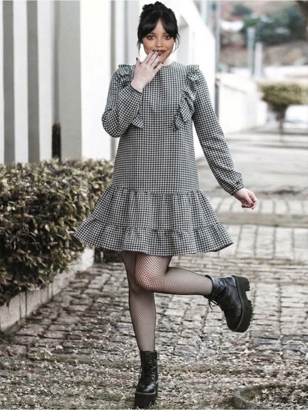 Topshop Black & Pale Blue Gingham Ruffle Tiered Dress. Whimsigoth Cottage Indie🖤